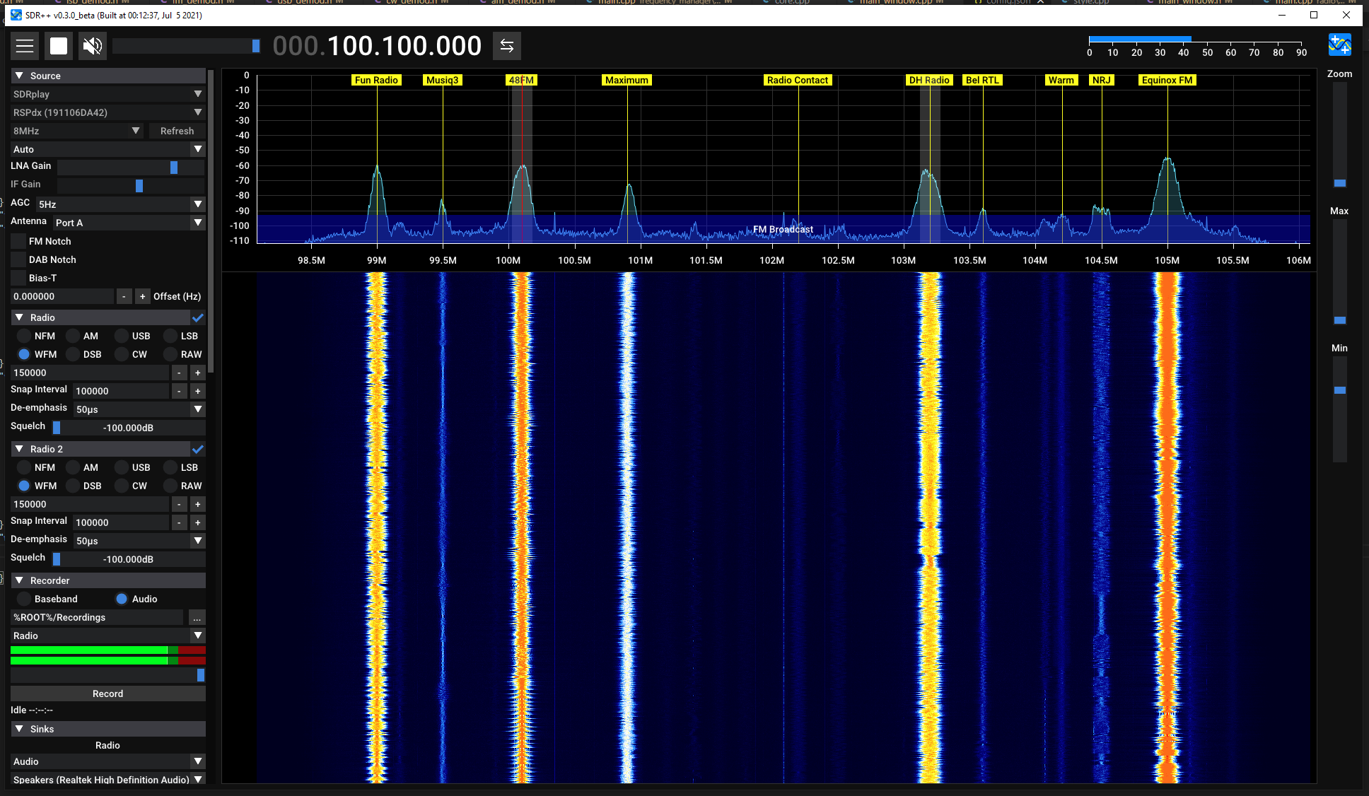 SDR++ showing the FM broadcast band with station peaks visible in the spectrum and waterfall